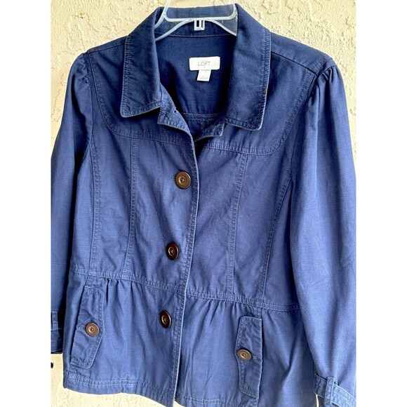 Loft Blue Jean Trench Style Jacket Large Women’s Brown Buttons, Cotton Buckle SL - Picture 2 of 11